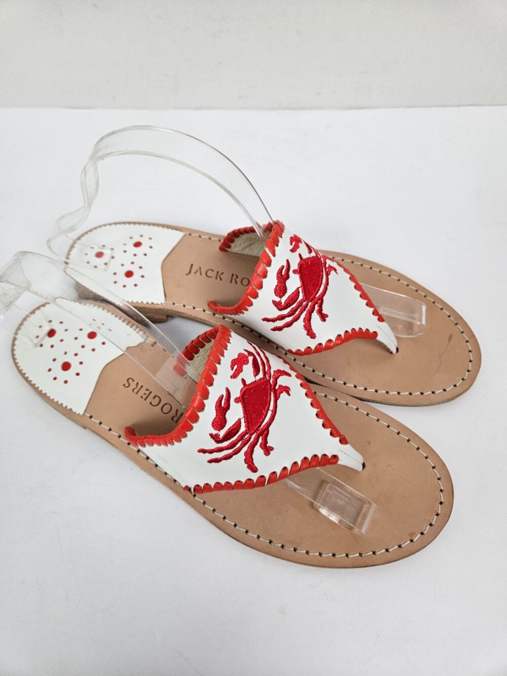 Jack Rogers Red/White Leather Embroidered Crab Sandal 10 - Picture 4 of 14